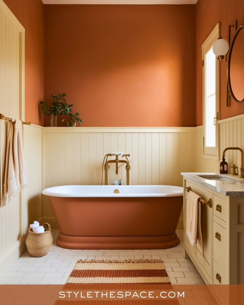 Soft Terracotta Bathroom With Cream Paneling