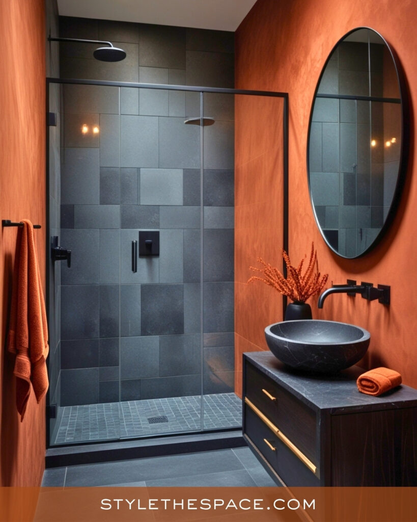 Modern Terracotta Bathroom With Charcoal Tiles