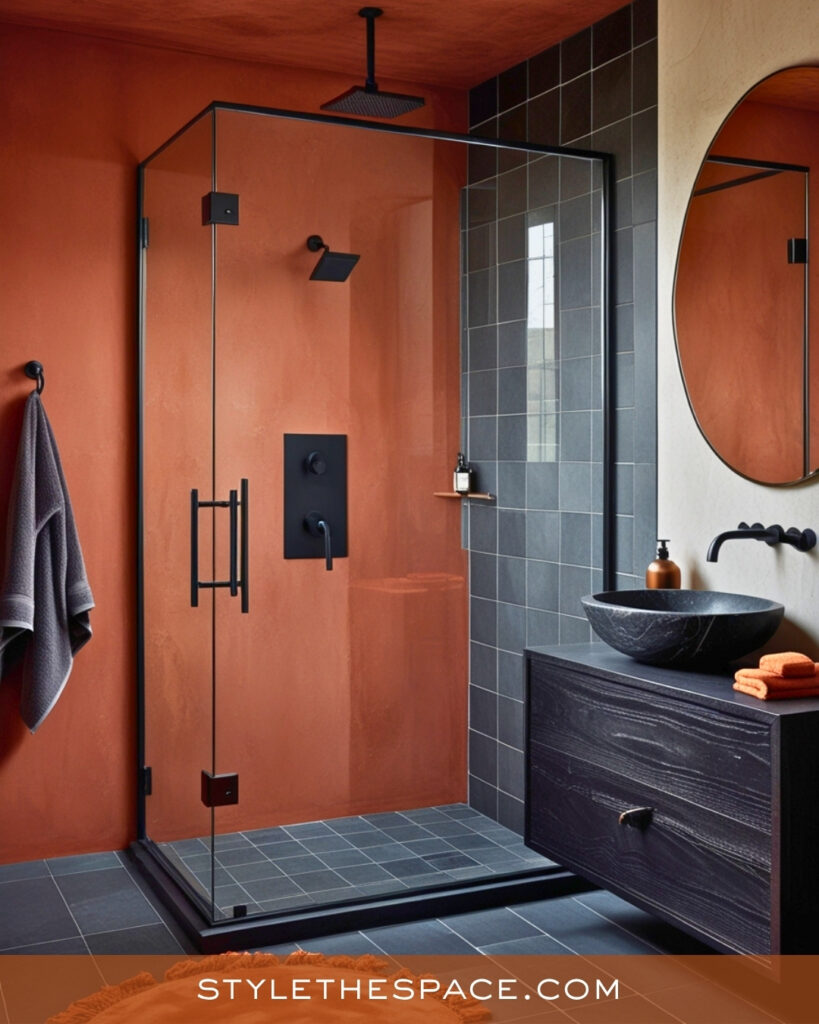 Modern Terracotta Bathroom With Charcoal Tiles
