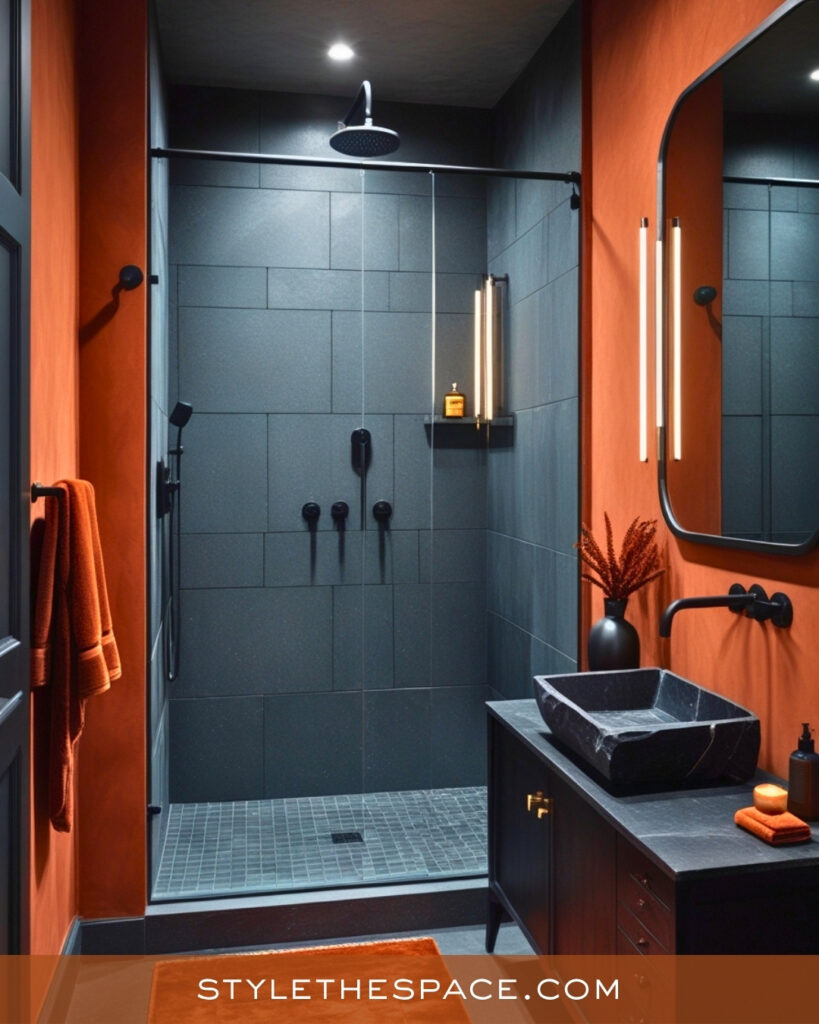 Modern Terracotta Bathroom With Charcoal Tiles