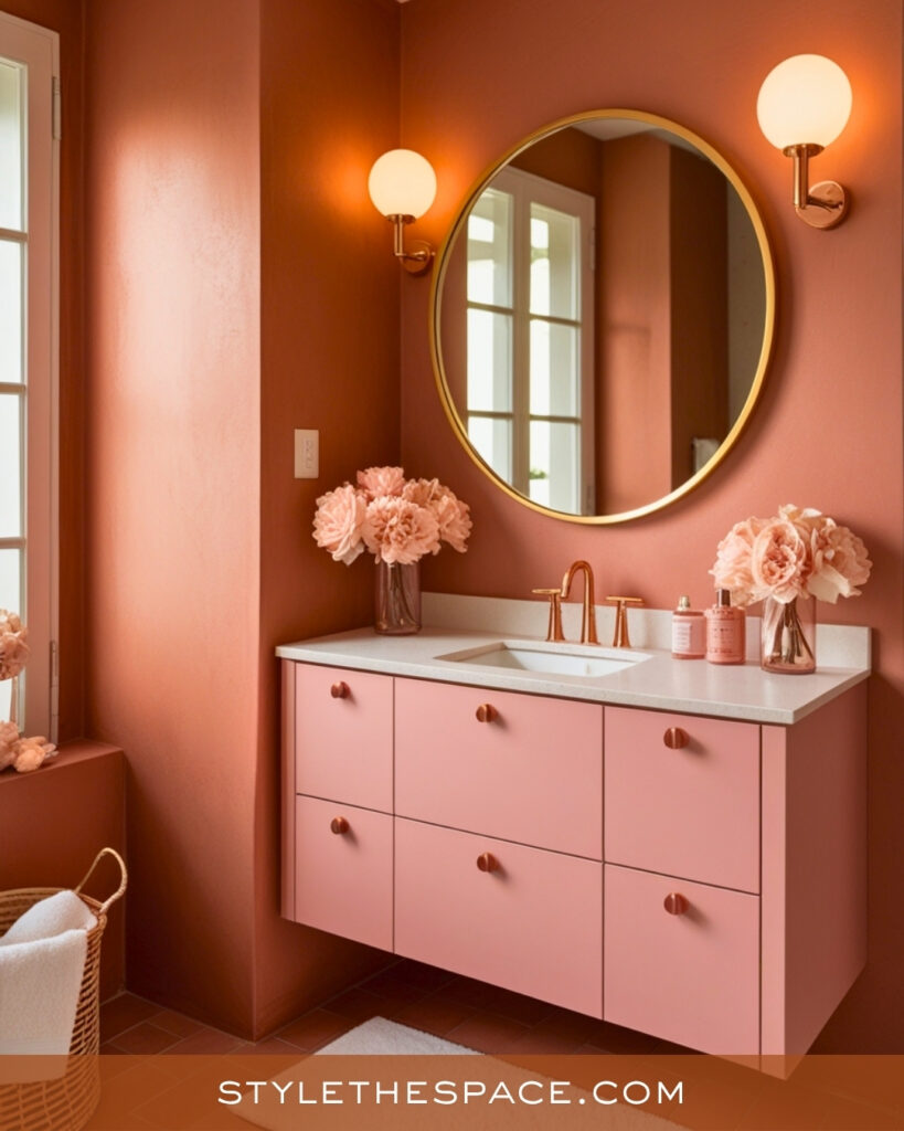 Blush and Terracotta Bathroom With Warm Brass