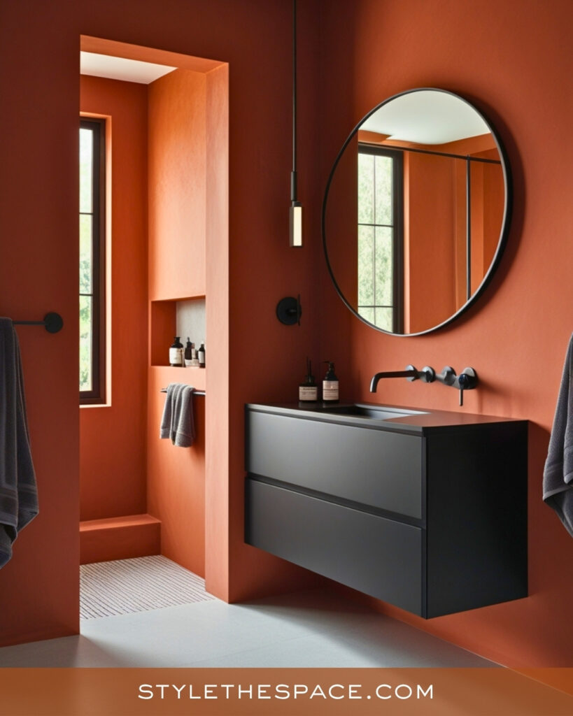 Minimalist Terracotta Bathroom With Matte Black Vanity