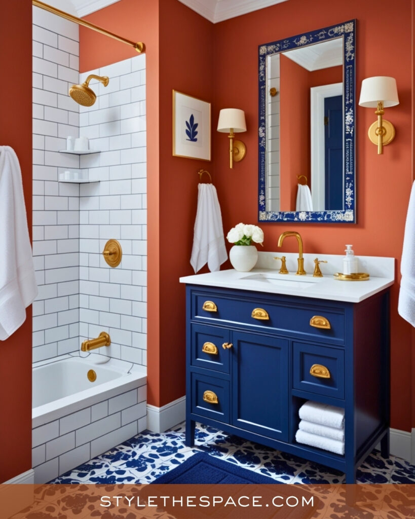 Terracotta Bathroom With Navy and Brass Accents