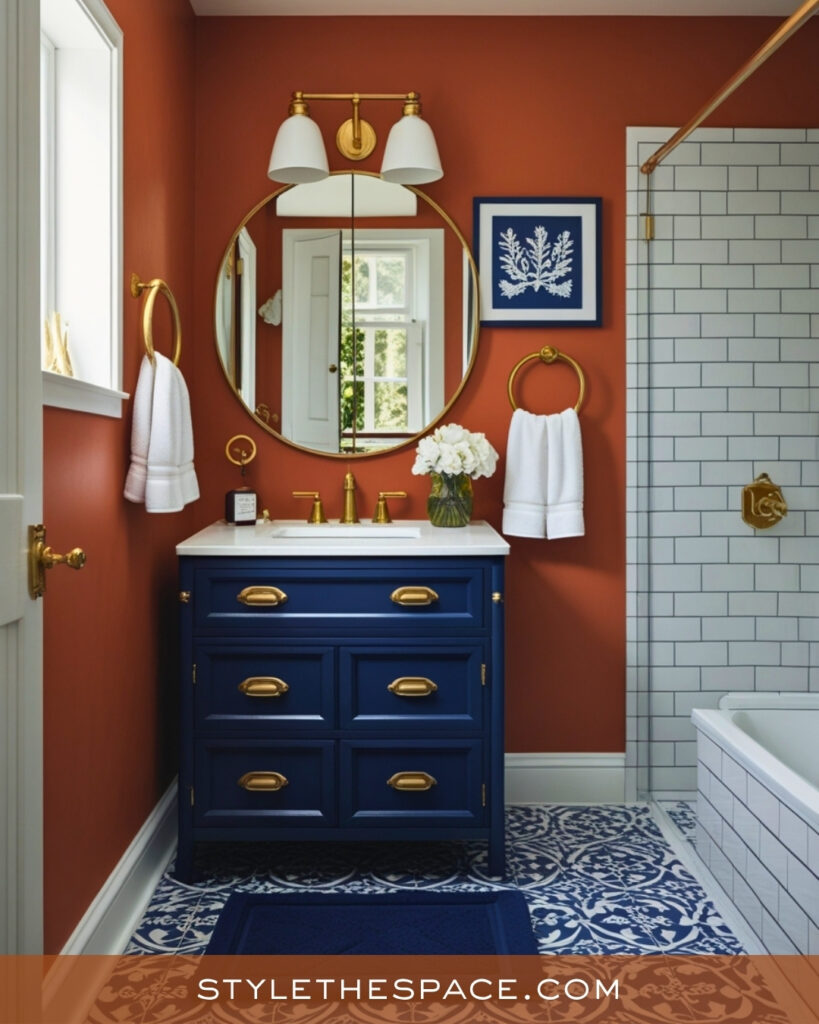 Terracotta Bathroom With Navy and Brass Accents