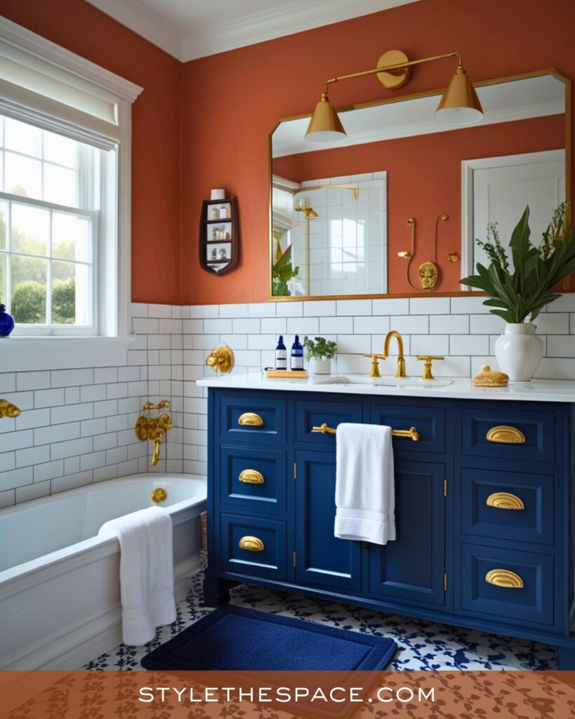 Terracotta Bathroom With Navy and Brass Accents