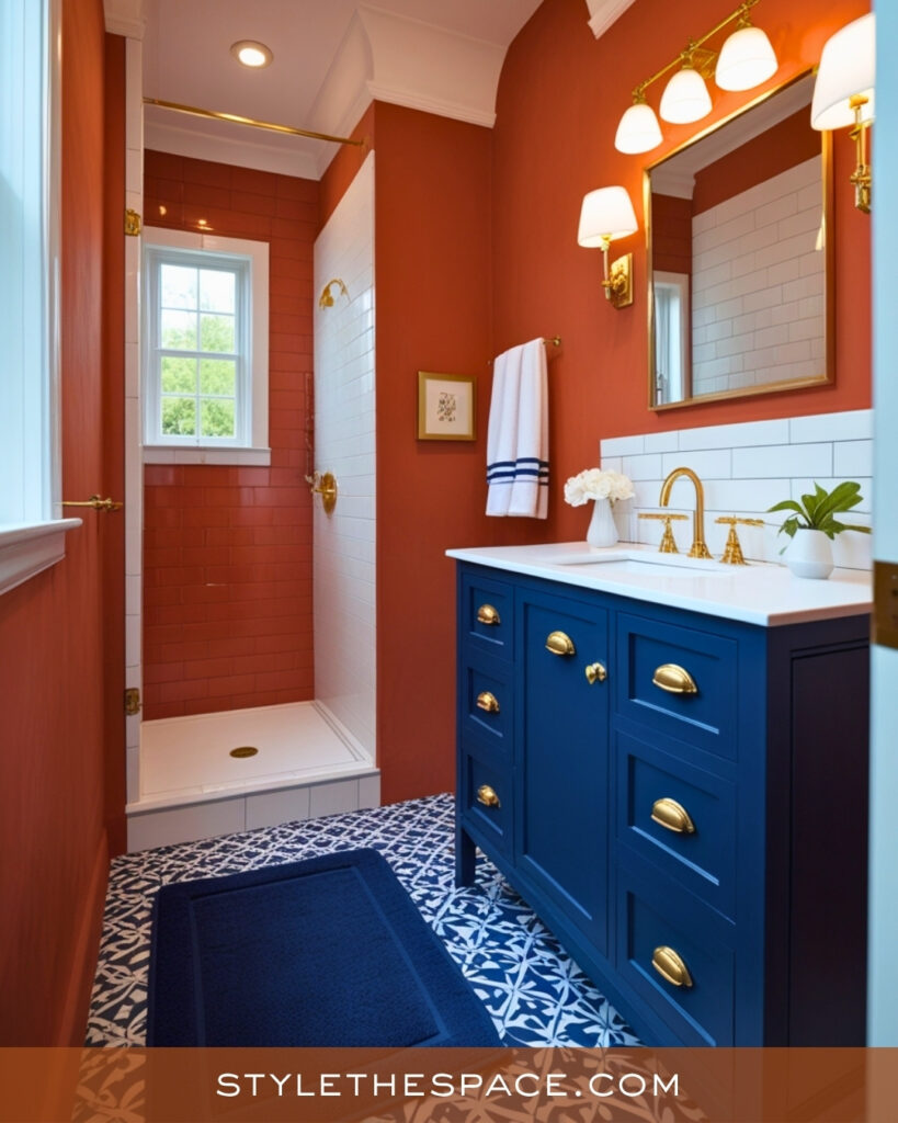 Terracotta Bathroom With Navy and Brass Accents
