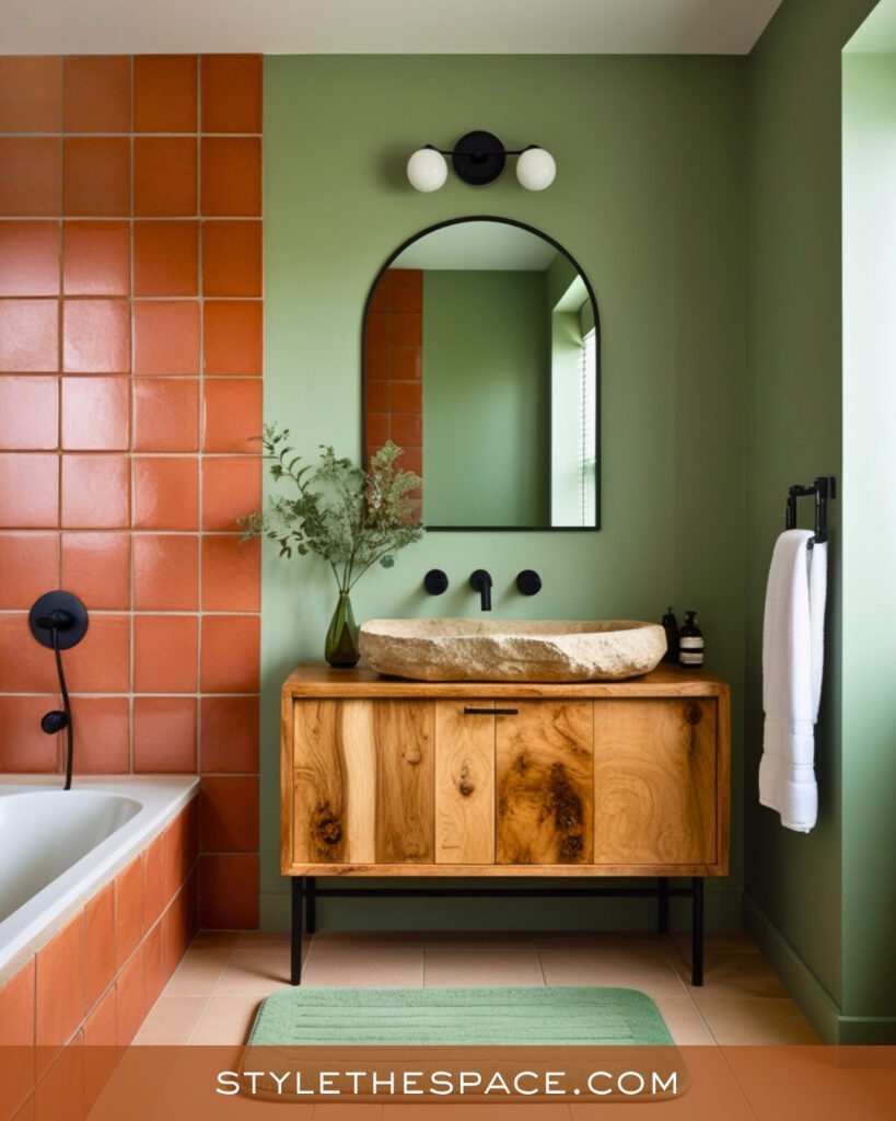 Terracotta and Olive Green Bathroom With Wood Accents