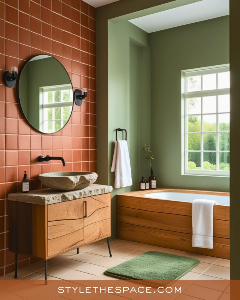 Terracotta and Olive Green Bathroom With Wood Accents