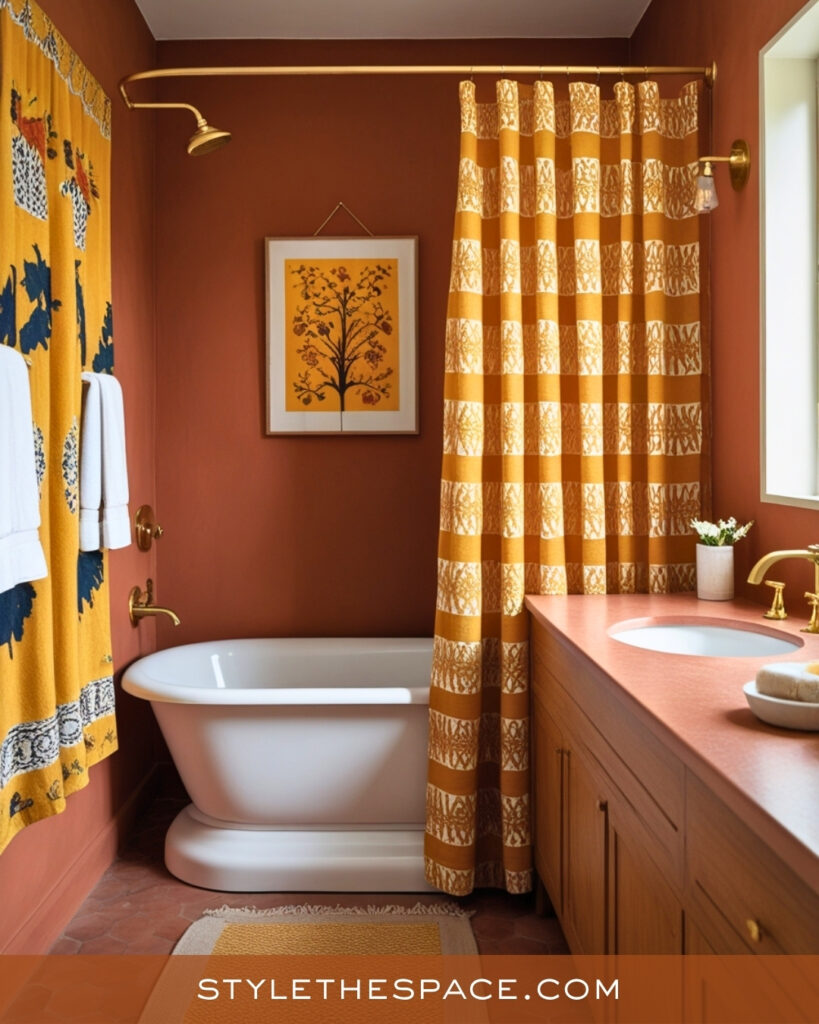 Terracotta Bathroom With Mustard and Warm Wood