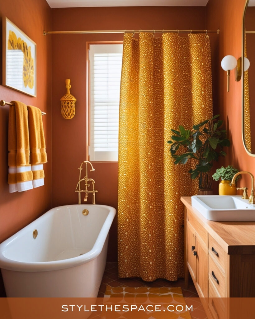 Terracotta Bathroom With Mustard and Warm Wood
