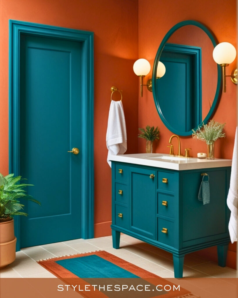 Terracotta Bathroom With Teal and Brass Accents
