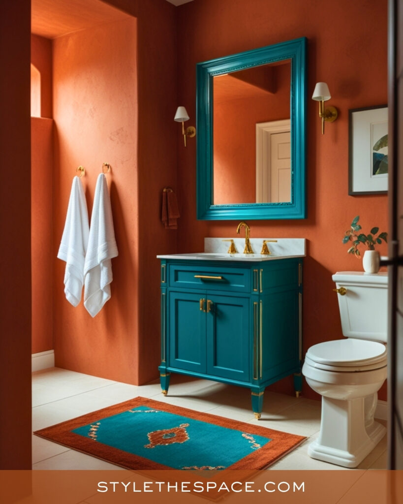 Terracotta Bathroom With Teal and Brass Accents