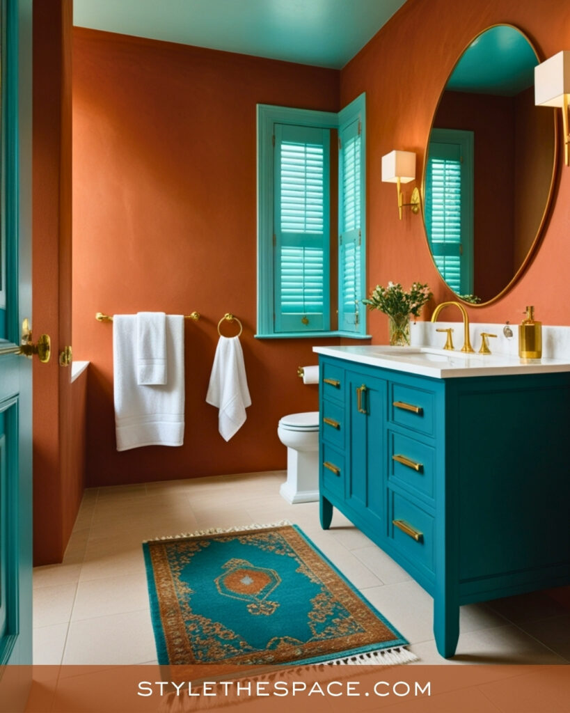 Terracotta Bathroom With Teal and Brass Accents