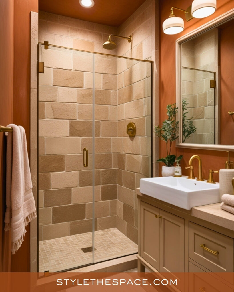 Warm Terracotta Bathroom With Beige Stone Tiles