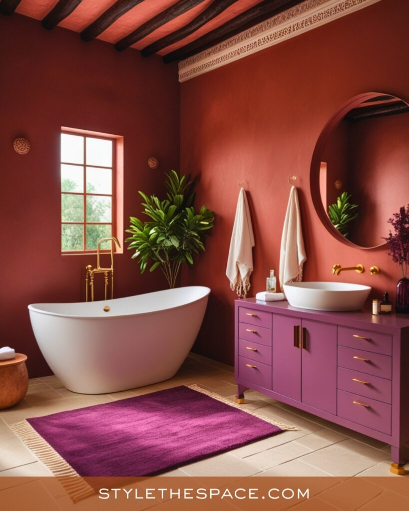 Terracotta Bathroom With Plum Vanity Accents