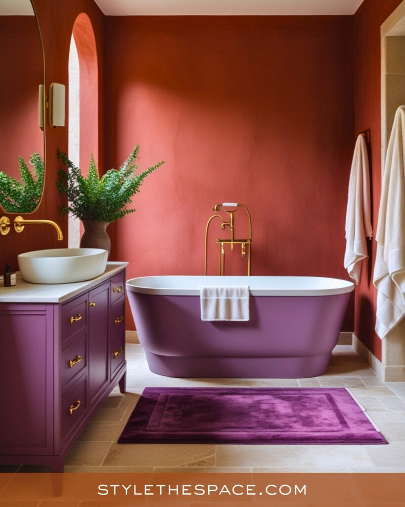 Terracotta Bathroom With Plum Vanity Accents