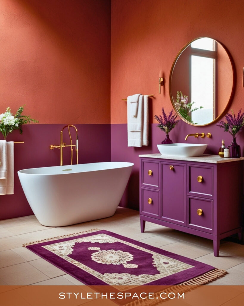 Terracotta Bathroom With Plum Vanity Accents