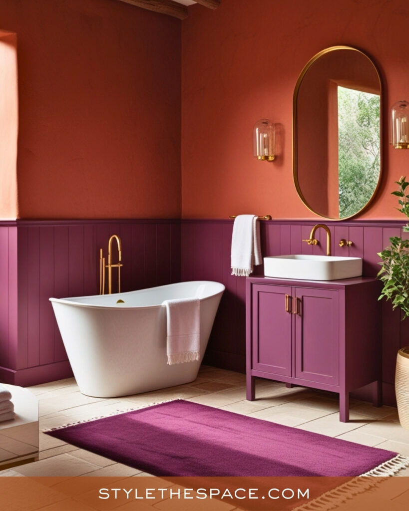 Terracotta Bathroom With Plum Vanity Accents