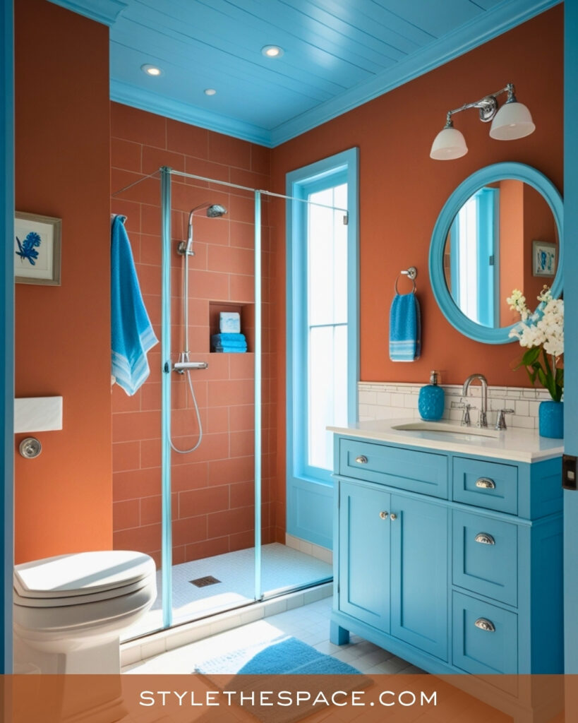 Terracotta Bathroom With Sky Blue Contrast