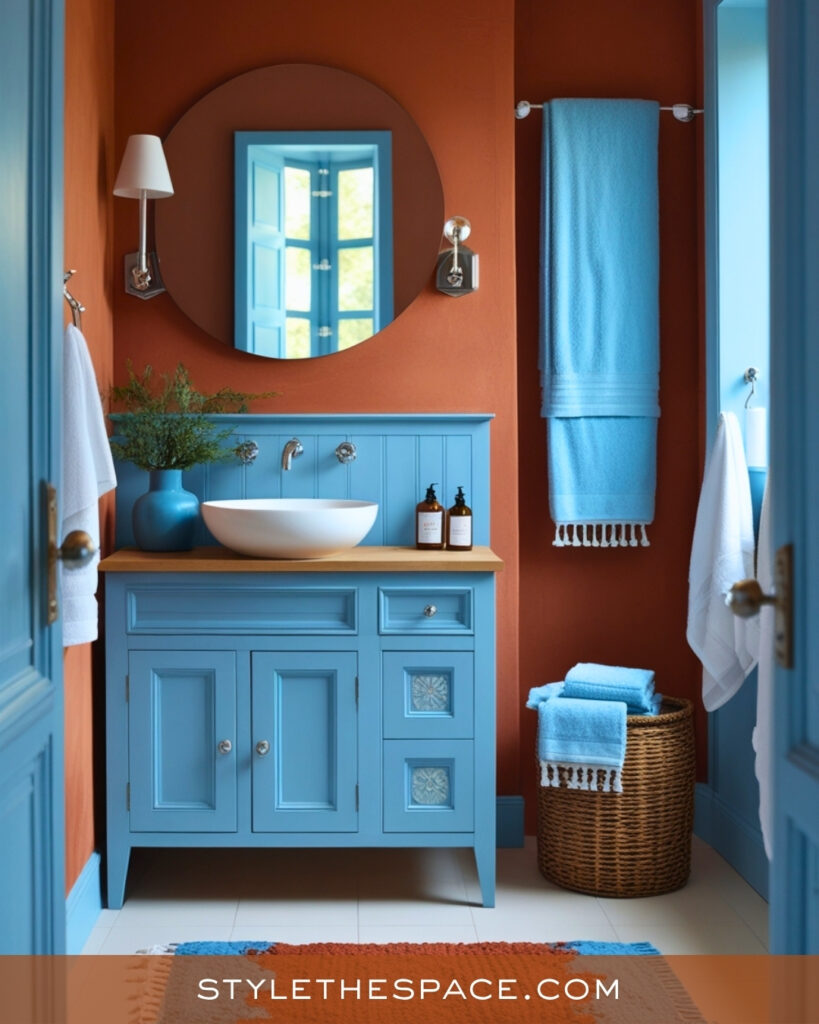 Terracotta Bathroom With Sky Blue Contrast