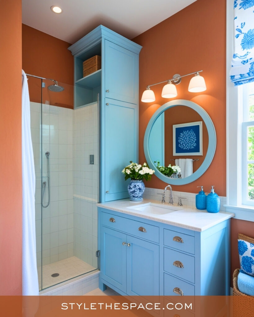 Terracotta Bathroom With Sky Blue Contrast