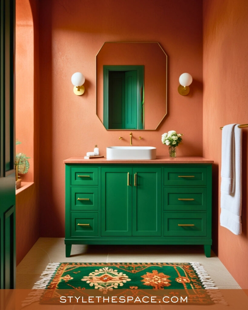 Terracotta Bathroom With Emerald Green Vanity