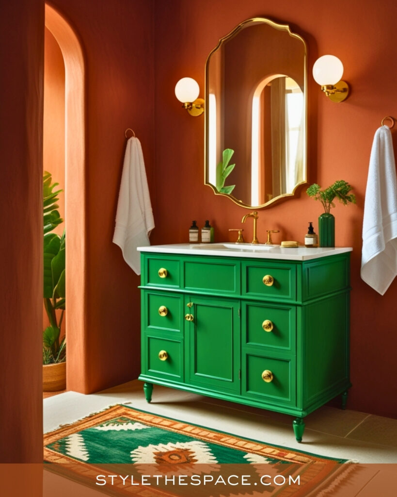 Terracotta Bathroom With Emerald Green Vanity