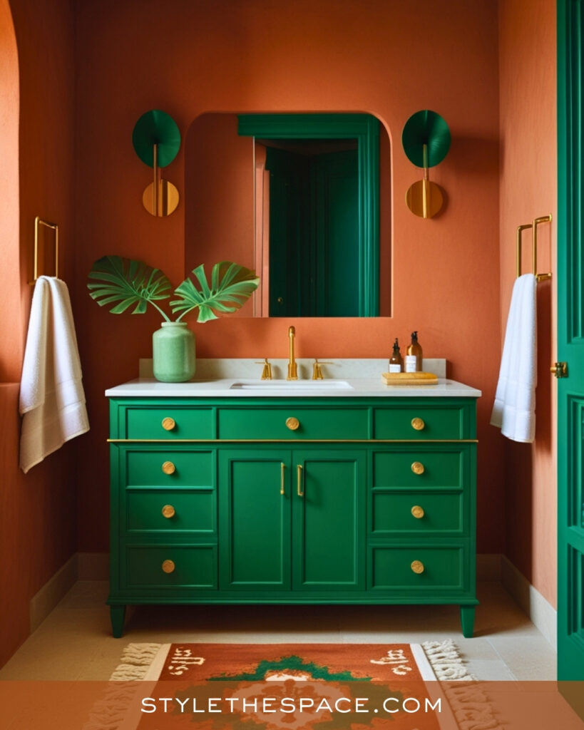 Terracotta Bathroom With Emerald Green Vanity