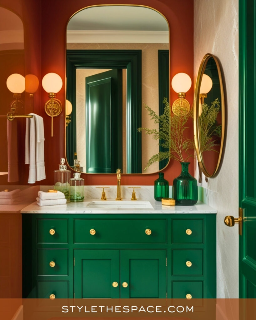 Terracotta Bathroom With Emerald Green Vanity