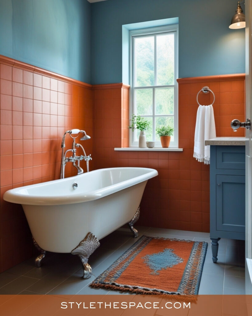 Terracotta Bathroom With Soft Blue Accents