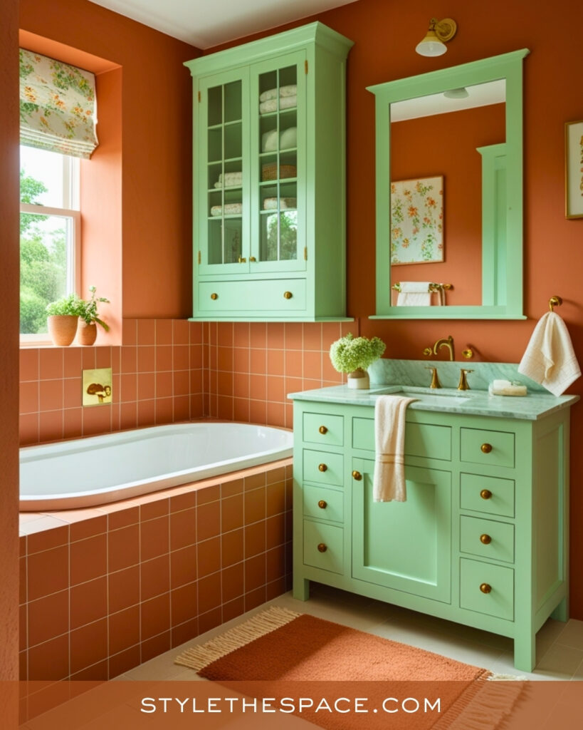 Terracotta Bathroom With Mint Green Vanity