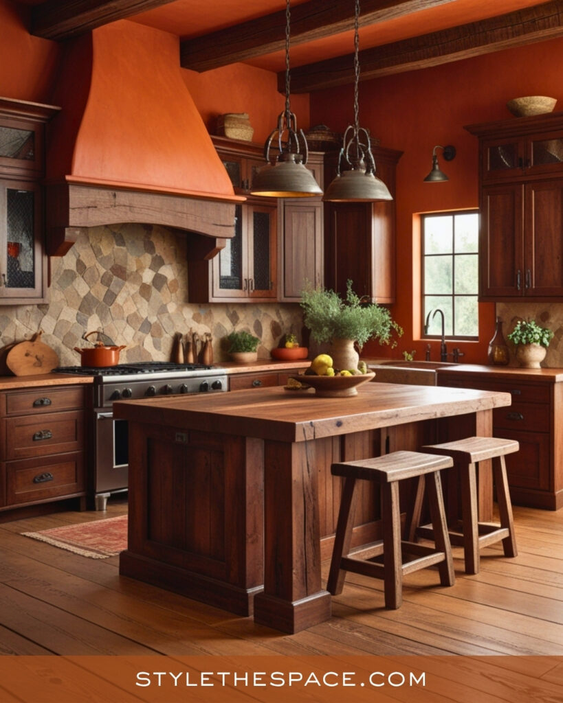 Warm Terracotta Kitchen With Rustic Wood Accents