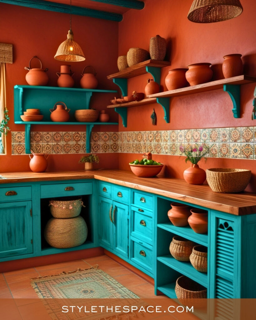 Rustic Terracotta Kitchen With Turquoise Cabinets