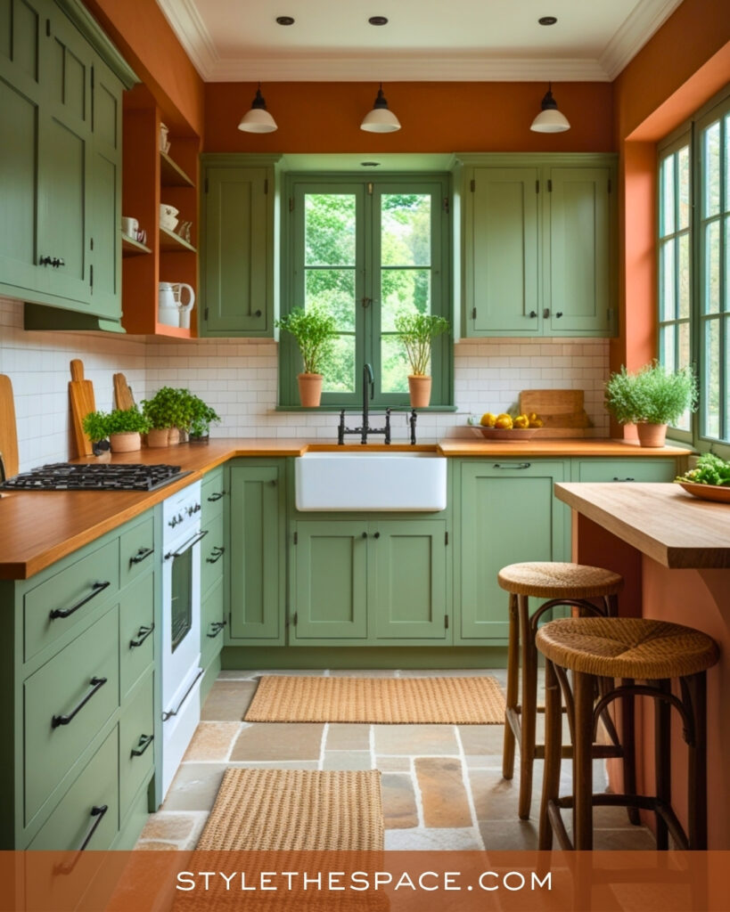 Terracotta and Sage Green Farmhouse Kitchen