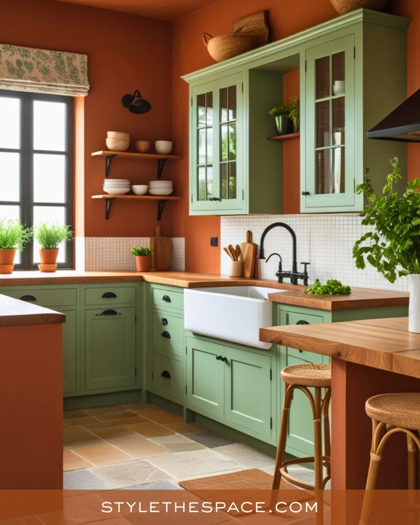 Terracotta and Sage Green Farmhouse Kitchen