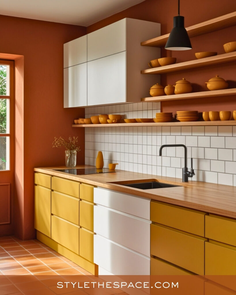 Modern Terracotta Kitchen With Mustard Cabinets