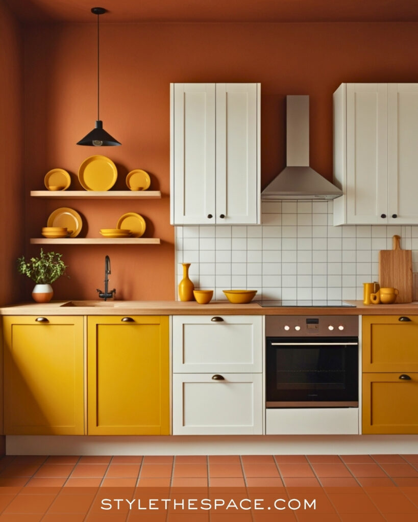Modern Terracotta Kitchen With Mustard Cabinets