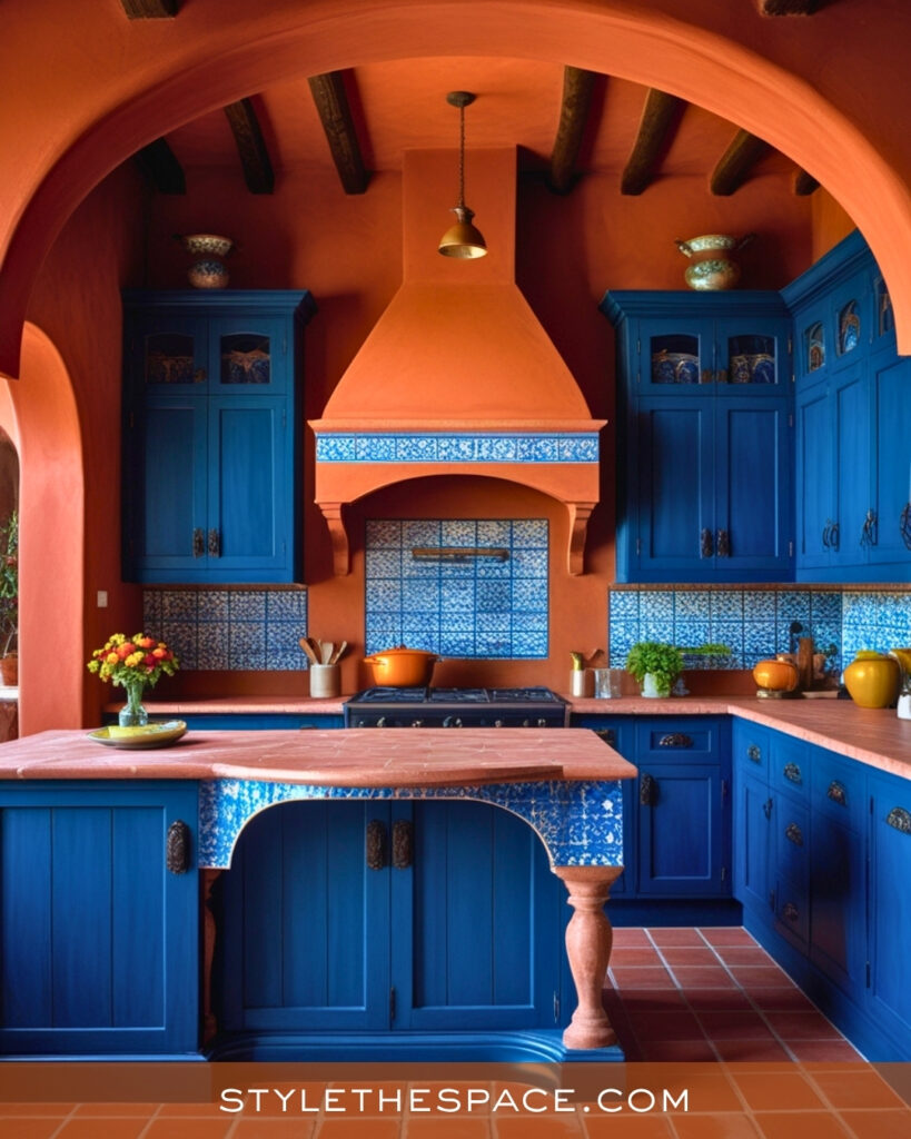 Mediterranean Terracotta Kitchen With Bold Blue Cabinets