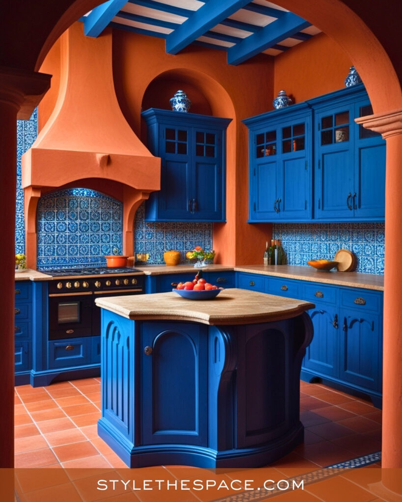 Mediterranean Terracotta Kitchen With Bold Blue Cabinets