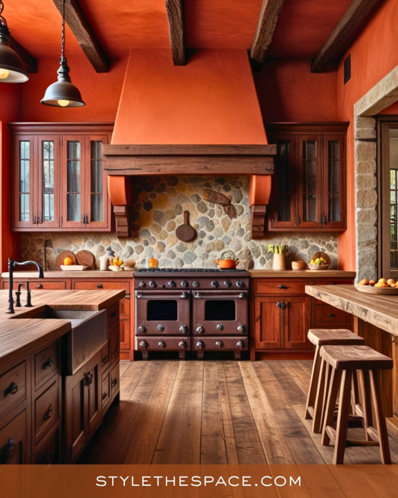 Warm Terracotta Kitchen With Rustic Wood Accents
