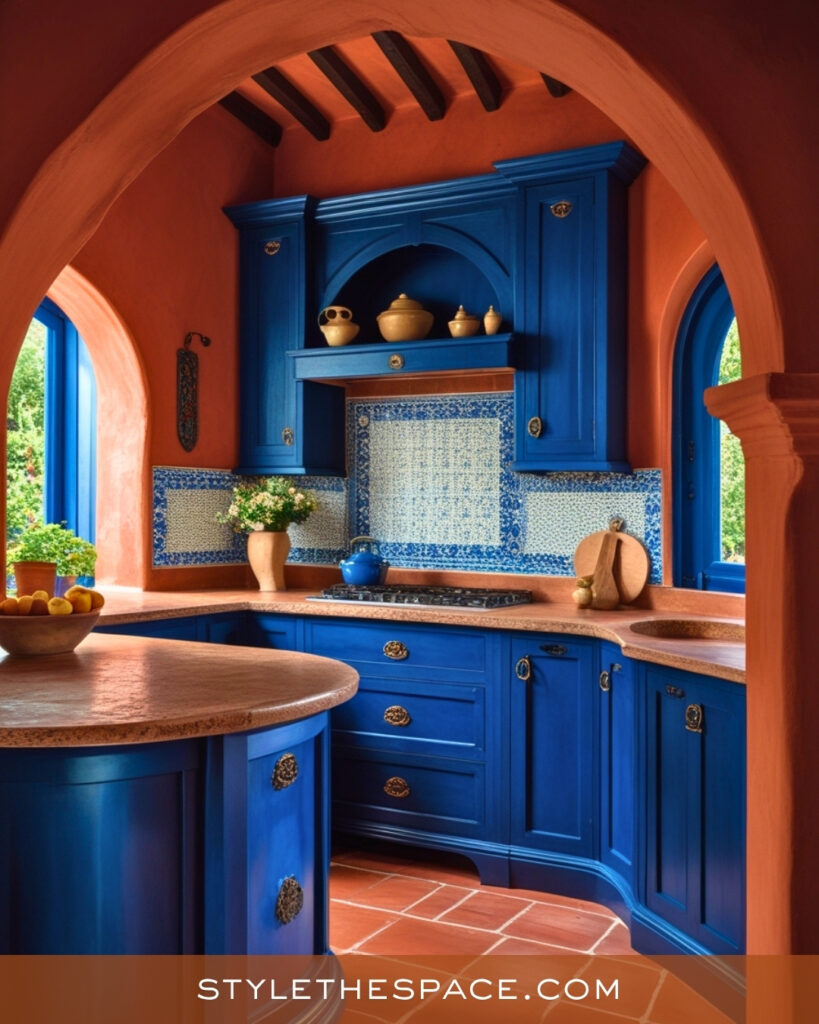 Mediterranean Terracotta Kitchen With Bold Blue Cabinets