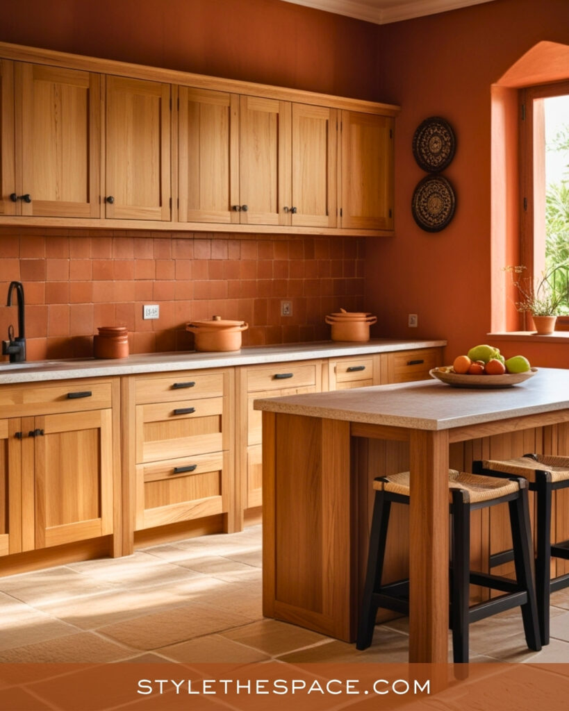 Warm Terracotta Kitchen With Natural Wood Cabinets