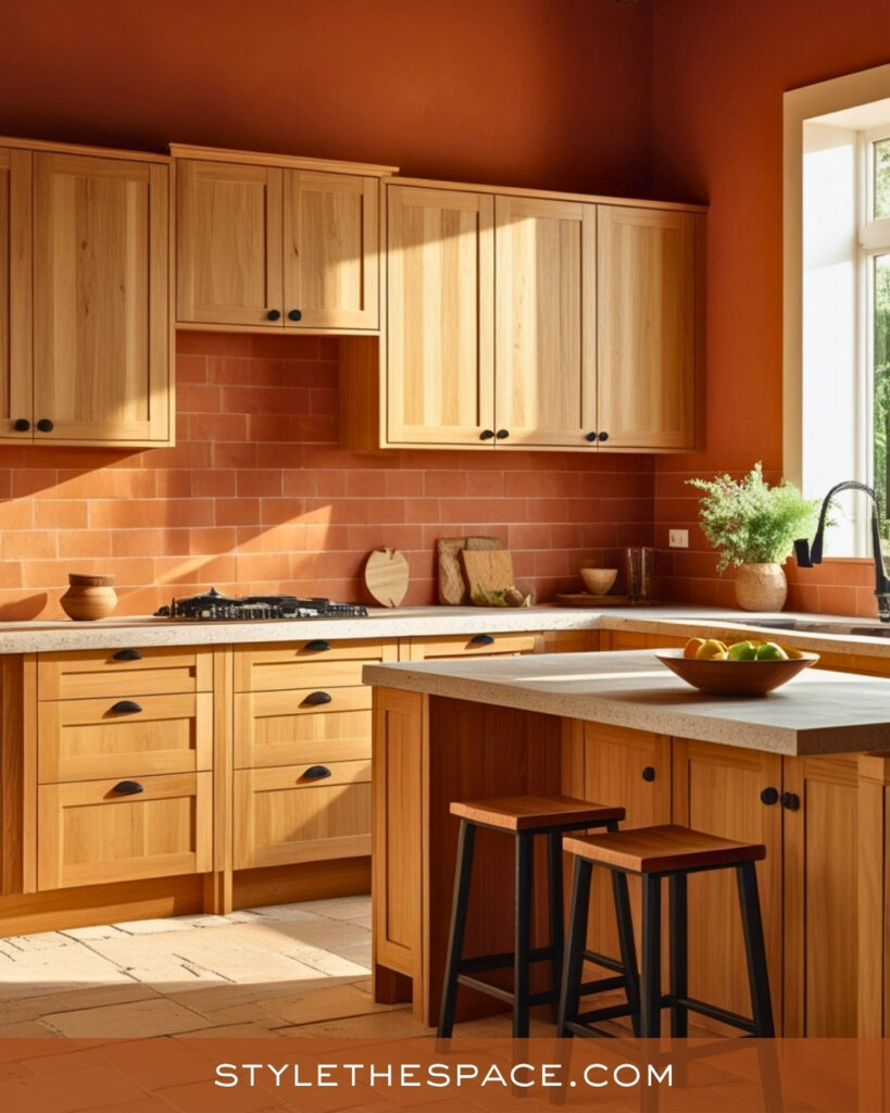 Warm Terracotta Kitchen With Natural Wood Cabinets