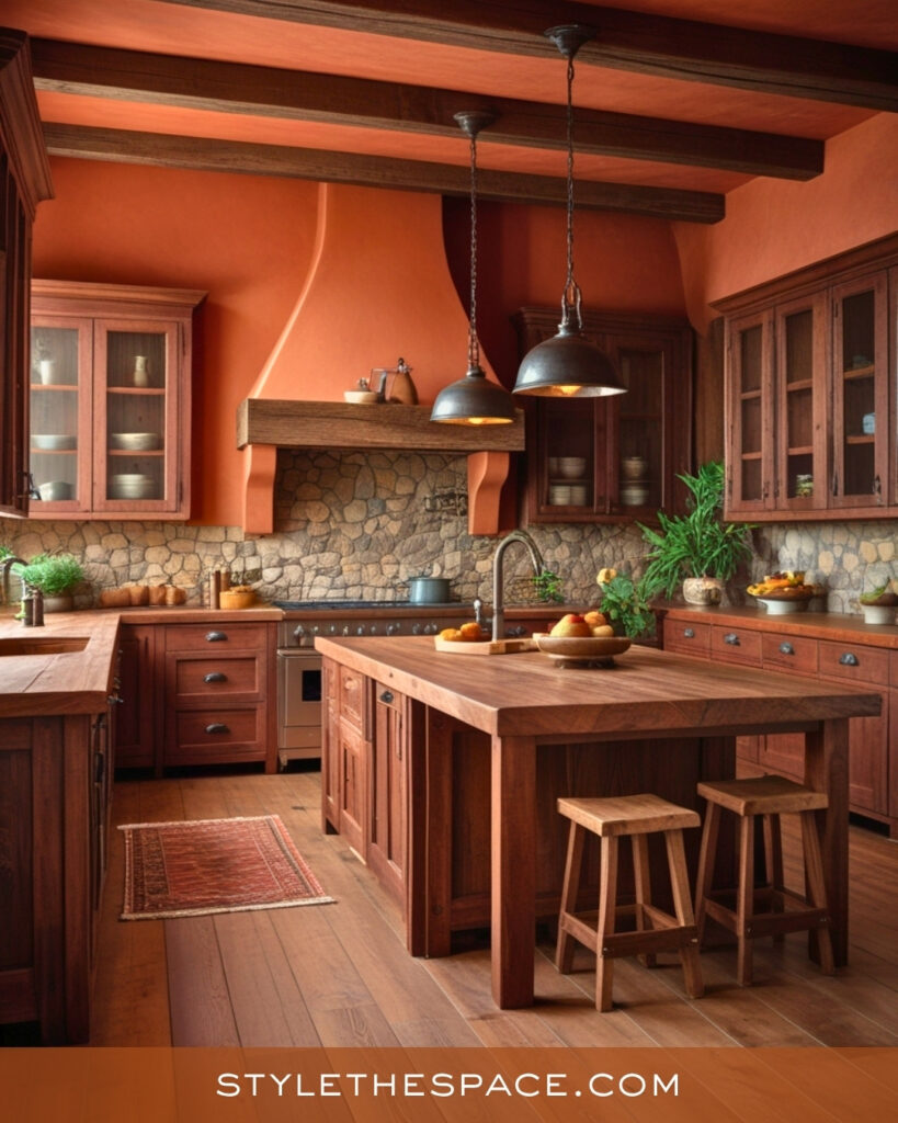 Warm Terracotta Kitchen With Rustic Wood Accents