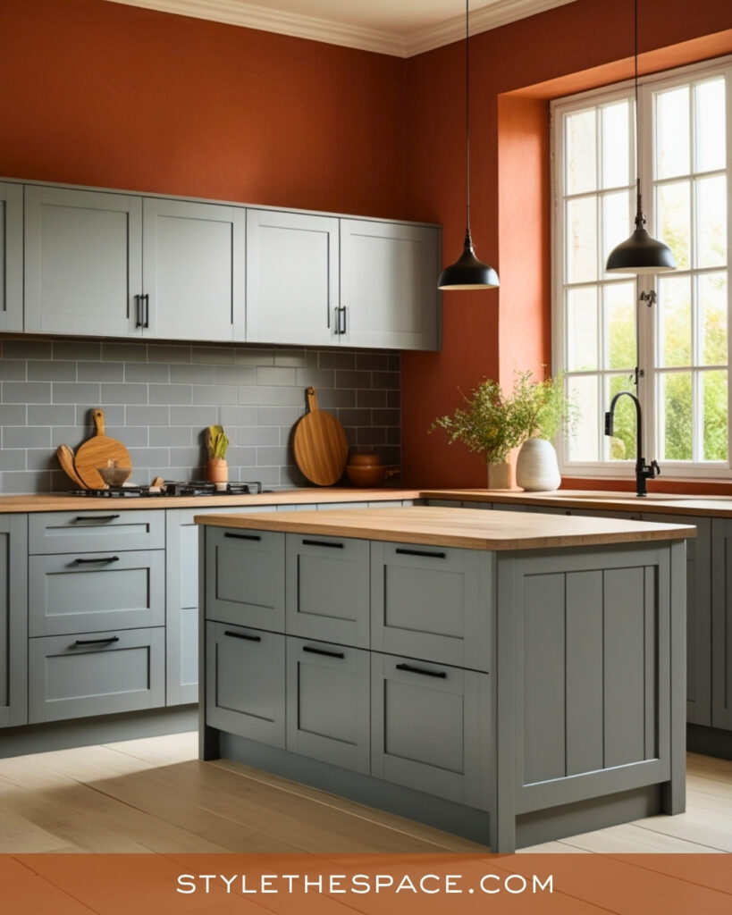 Terracotta Walls With Soft Gray Kitchen Cabinets