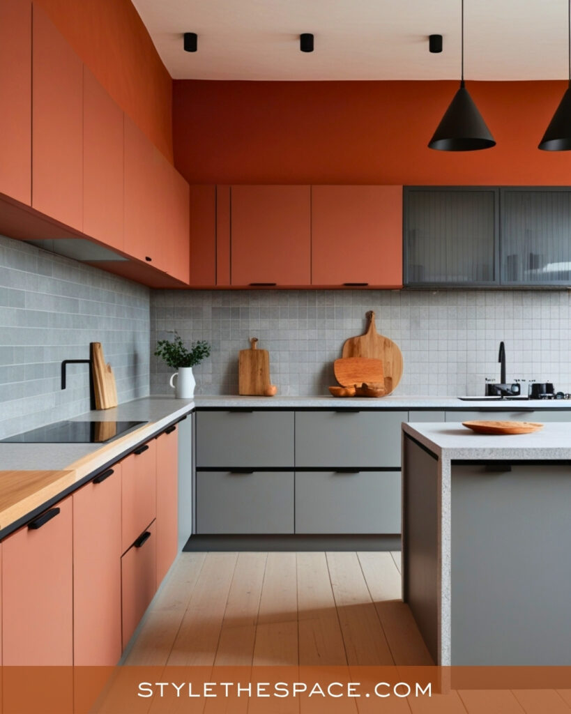 Terracotta Walls With Soft Gray Kitchen Cabinets