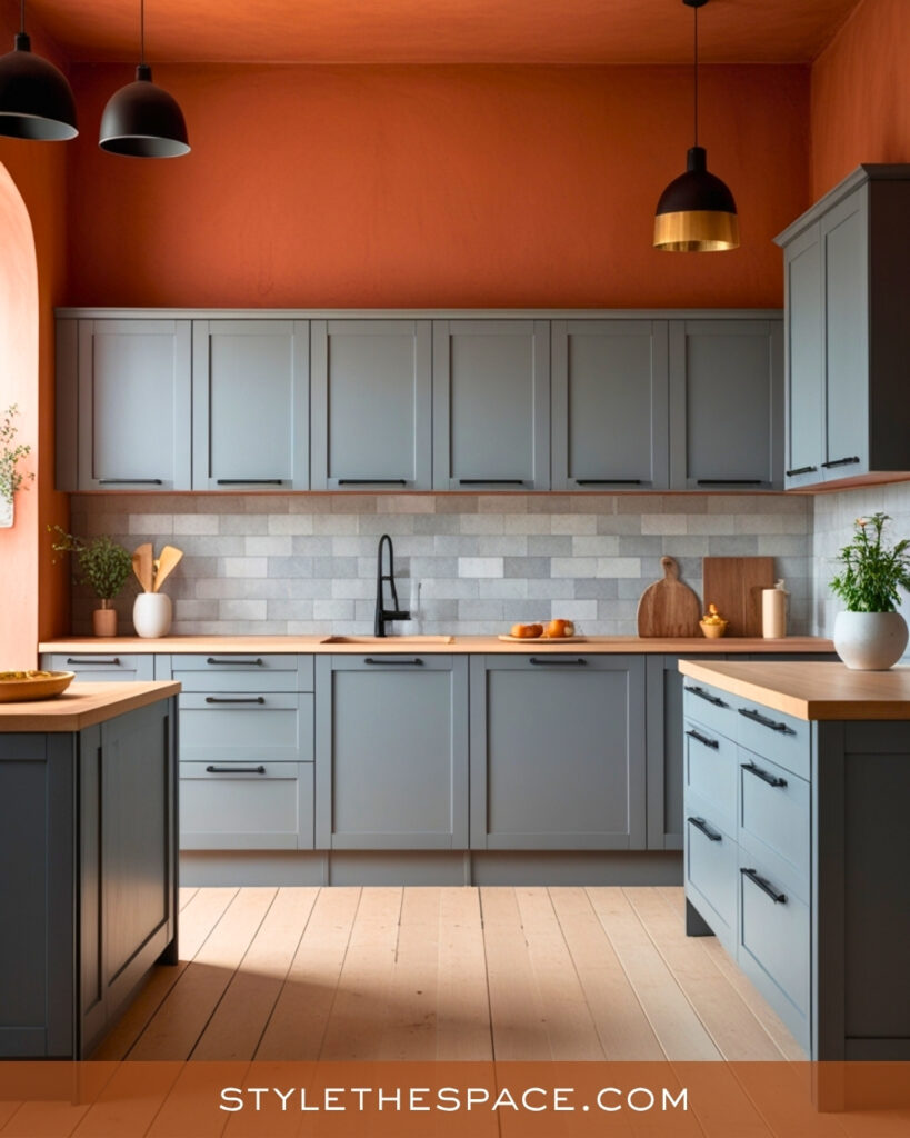 Terracotta Walls With Soft Gray Kitchen Cabinets