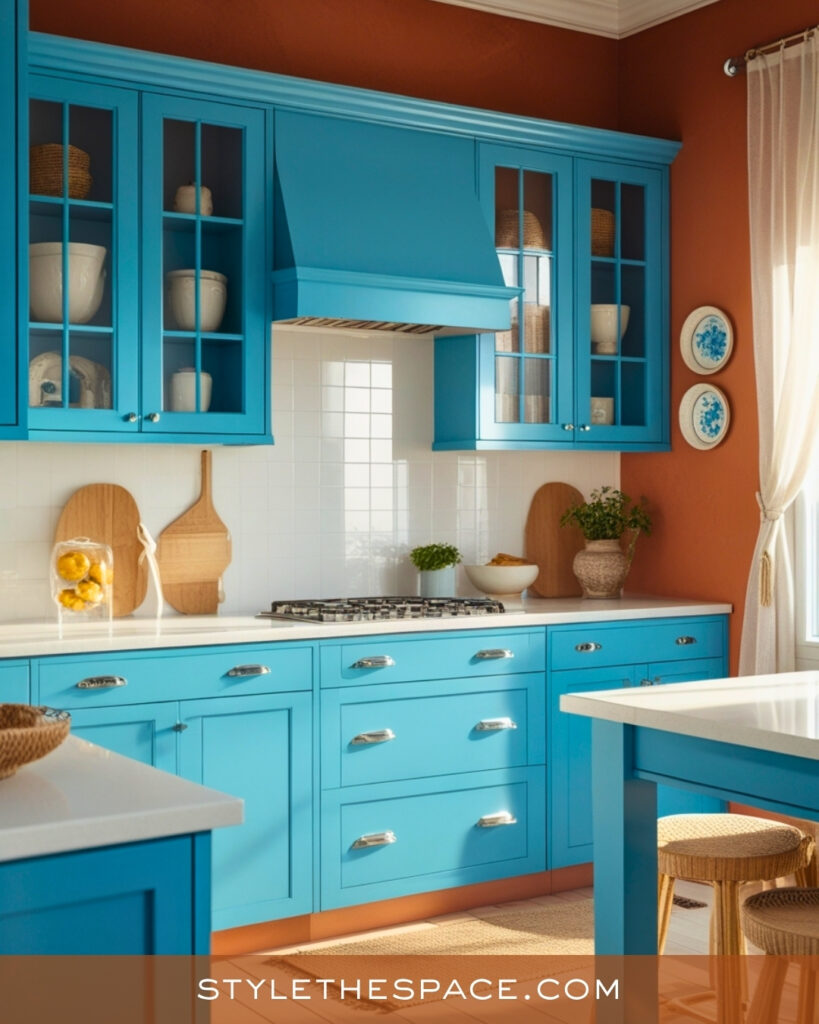 Terracotta and Bright Blue Kitchen Contrast