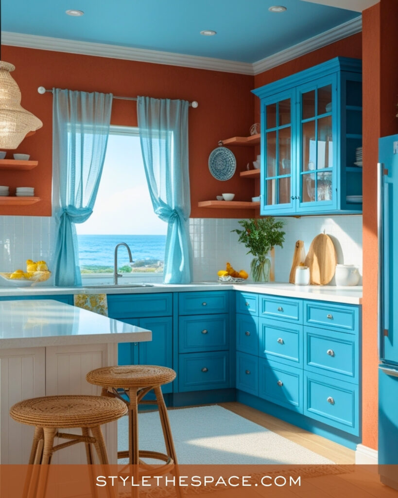 Terracotta and Bright Blue Kitchen Contrast