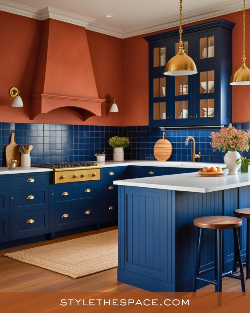 Terracotta Walls With Navy Blue Kitchen Cabinets
